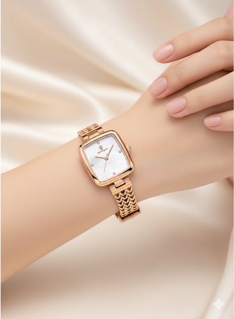 POEDAGAR ساعة كواتز للنساء من بوداغار باللون الوردي الذهبي مع قرص أبيض وسوار من الفولاذ المقاوم للصدأ - 768 - Image 3